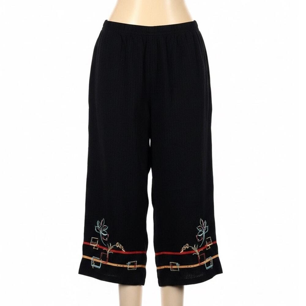 Koret Women's Large Black Embroidered Hem Crop Pants Elastic Waist Art To Wear